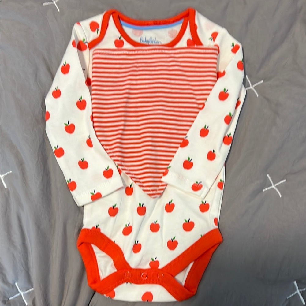 Baby Boden Bodysuit with Red Apple Print and Striped Bib